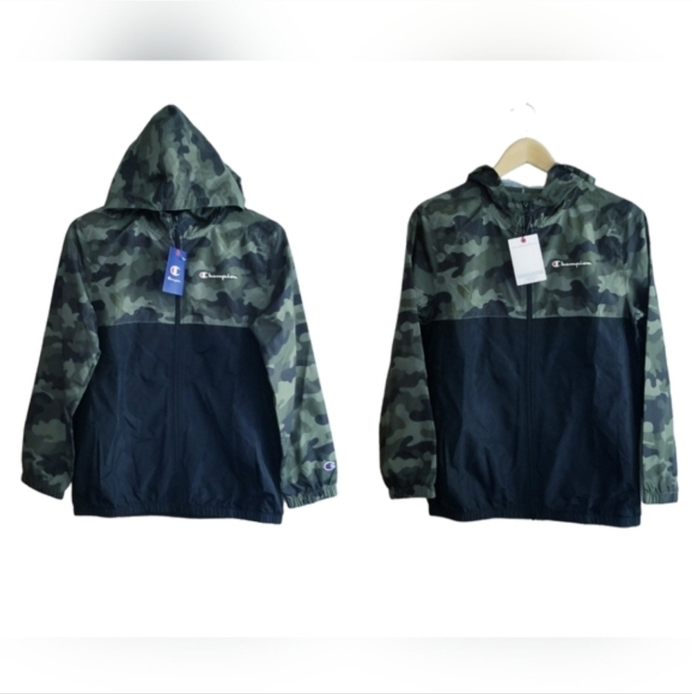 Champion Boy's Green Camo and Black Hooded Windbreaker Jacket NWT